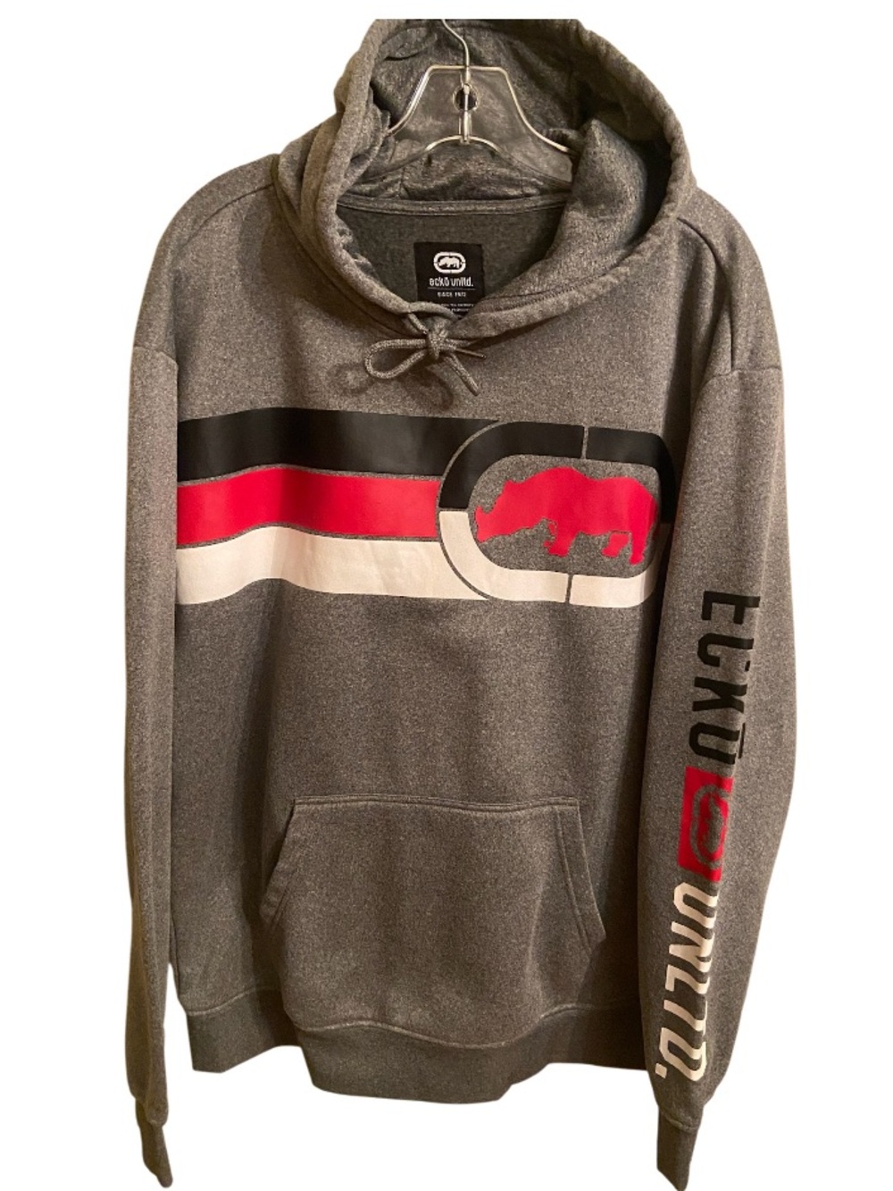 Vintage Ecko Unltd Hoodie Mens XL Gray Red Rhino Stripe Sleeve Spellout Y2K